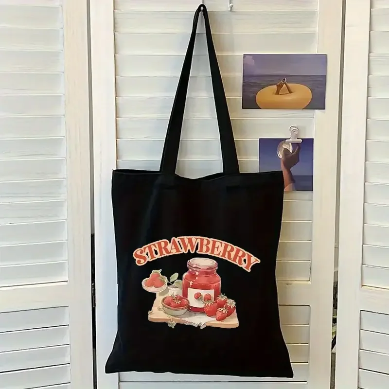 Lindo bolso de mano de lona con estampado de fresa bolso de hombro reutilizable para comestibles y bolsa de regalo de compras