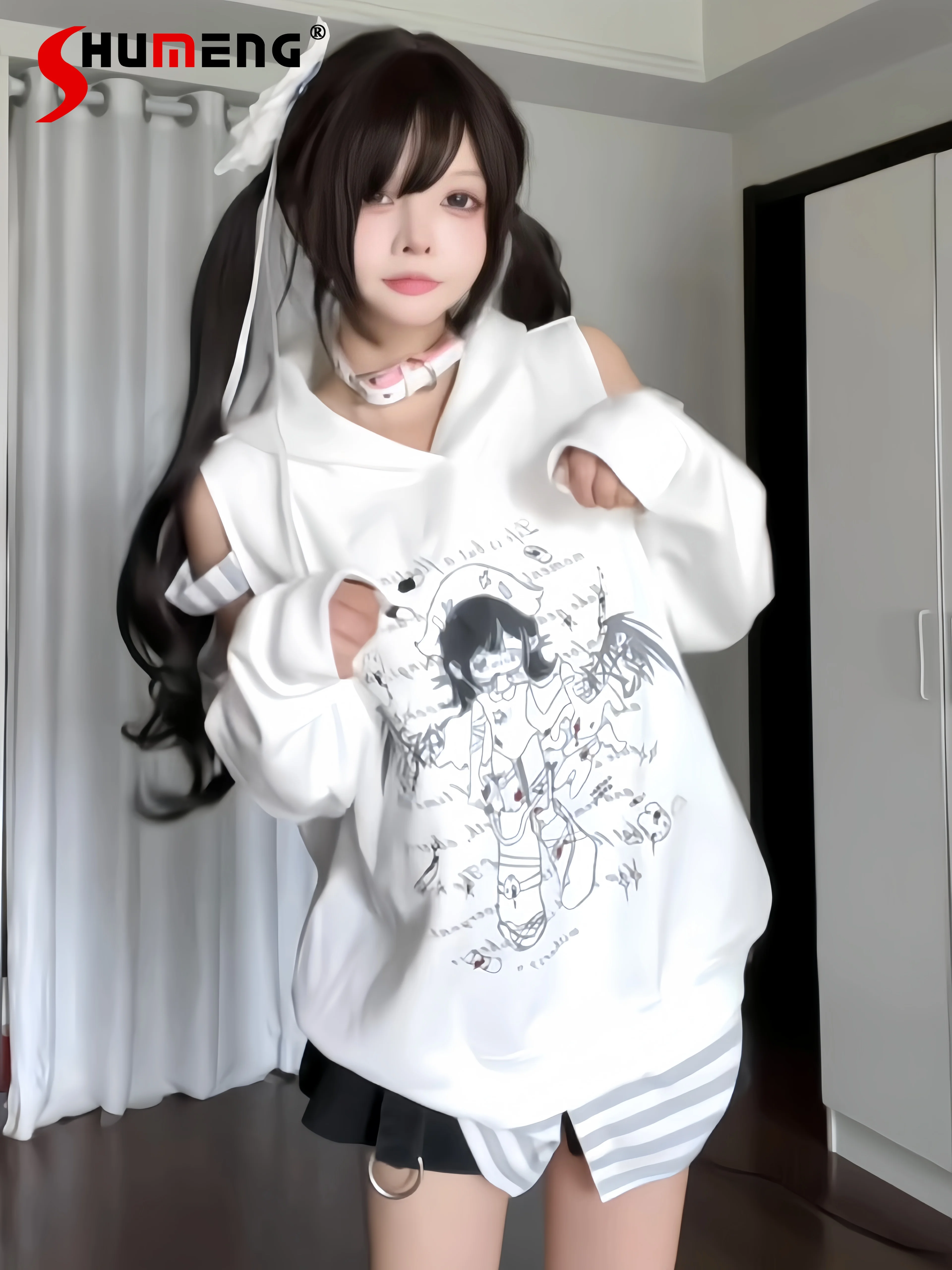 

Original Subculture Anime Print Hoodies Spring and Autumn New Student Fashion Loose Slim Fake Two-Piece Off-Shoulder Sweatshirts