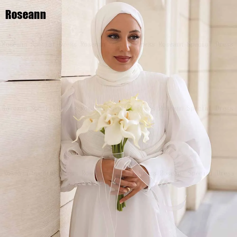 Muslim High Collar A-line Wedding Dresses Button 2024 New Brush Train Full Draped Pleat Floor Length Bride Dress robe de mariée