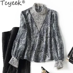 Tcyeek Spring Summer 100% Mulberry Silk Blouse 2023 Long Sleeve Top Ladies Clothes Women's Elegant Blouses Blusas Para Mujer LM