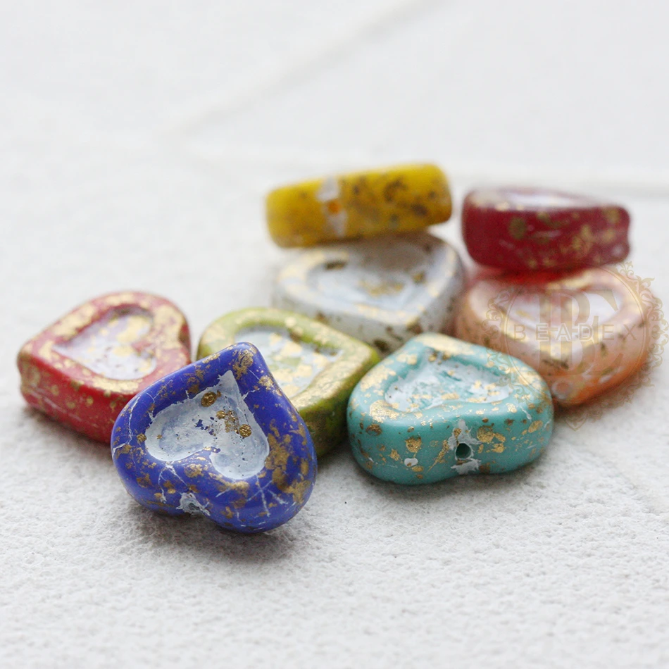 One Piece Czech Glass Mixed Heart Bead - Matte Gold Rain - Random Selected 14x12mm (CZE)