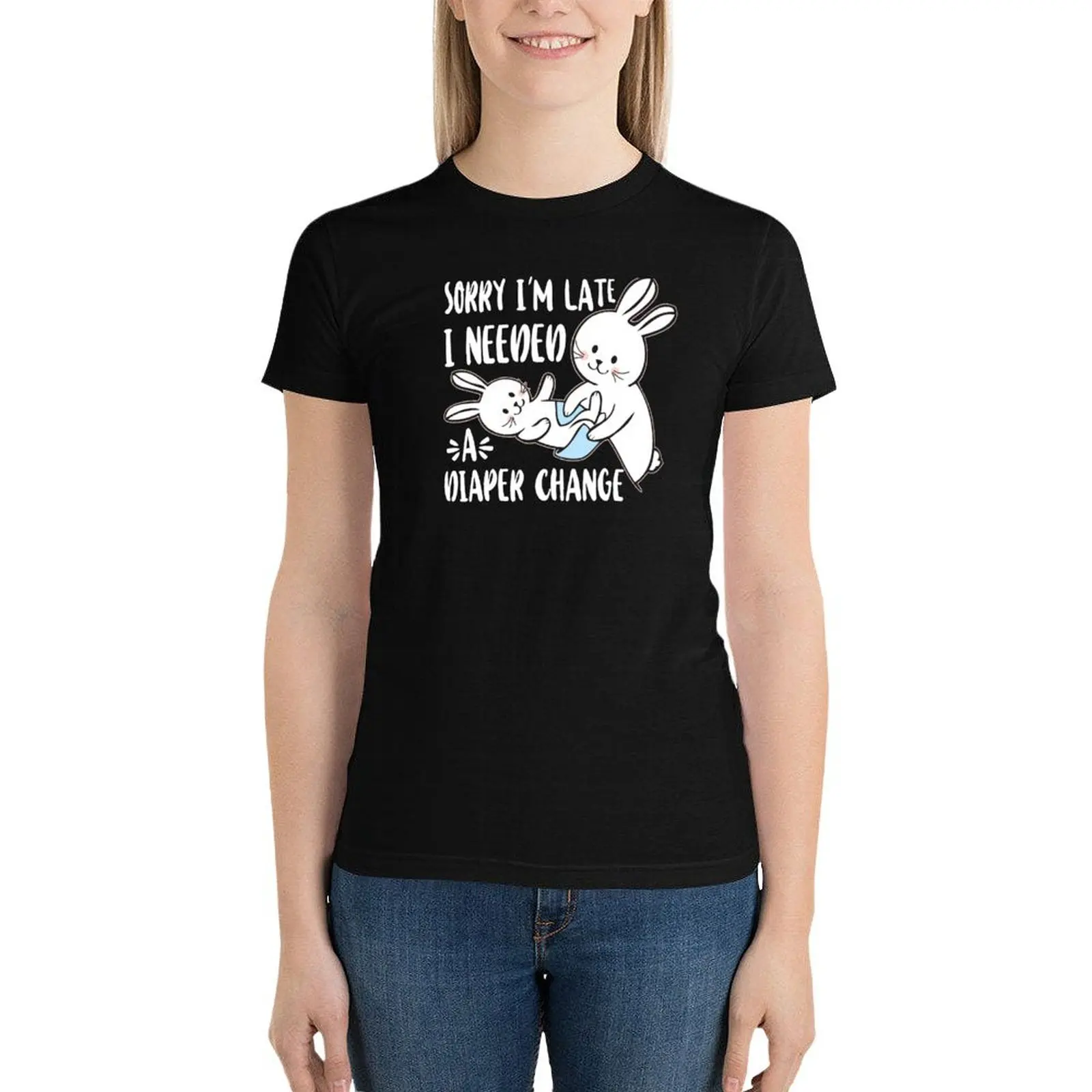 Sorry I am Late I needed a Diaper ChangeAdult Baby Bunny Rabbit Graphic Design ABDL T-Shirt sweat plus sizes Womens clothing