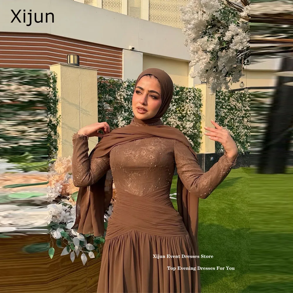 

Xijun Modest Brown Long Evening Dresses Lace Full Sleeves A-Line Prom Dresses O-Neck Pleated Formal Dubai Prom Gowns Customized