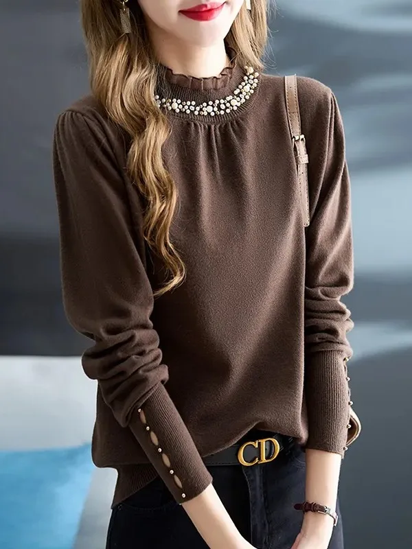 

Outlet Store Женский вязаный свитер с кружевной отделкой и высоким воротником Base irt Casual Sle Long Sve Fine Gauge Шерстяная смесь