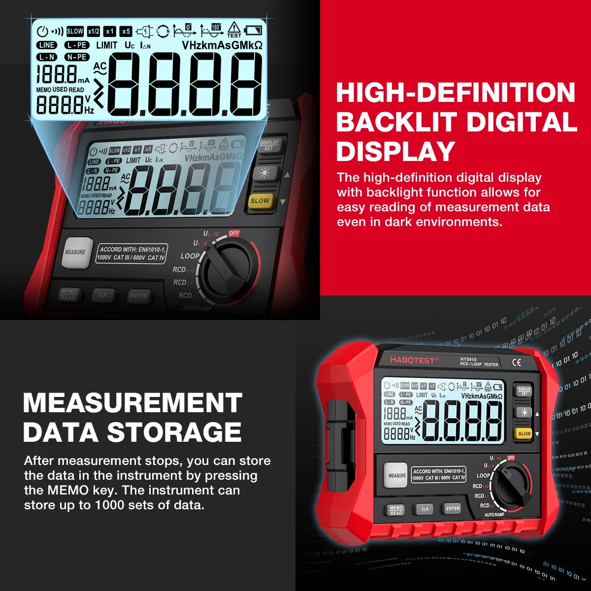 HABOTEST HT5910 Leakage Switch Tester LCD Digital Resistance Meter RCD/Loop Tester 1000 Data Storage Voltmeter Megohmmeter