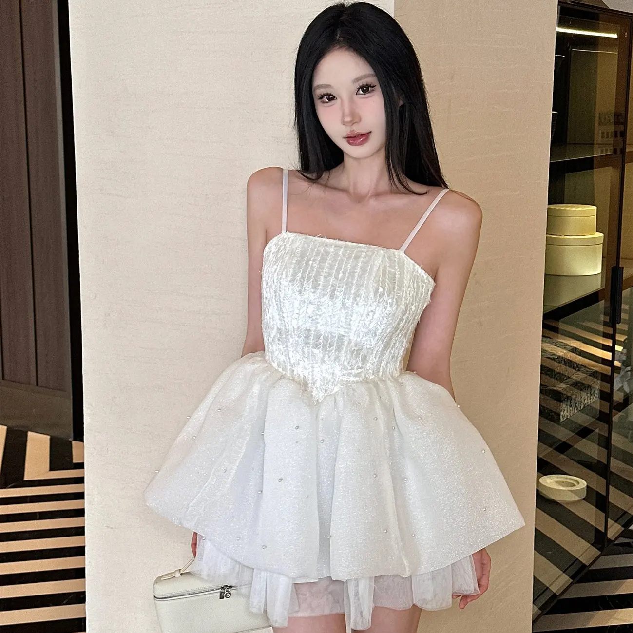 

Белое кружевное платье-слинг с завышенной талией и пышной юбкой для женщин, летнее, во французском стиле, из полиэстера, для дня рождения