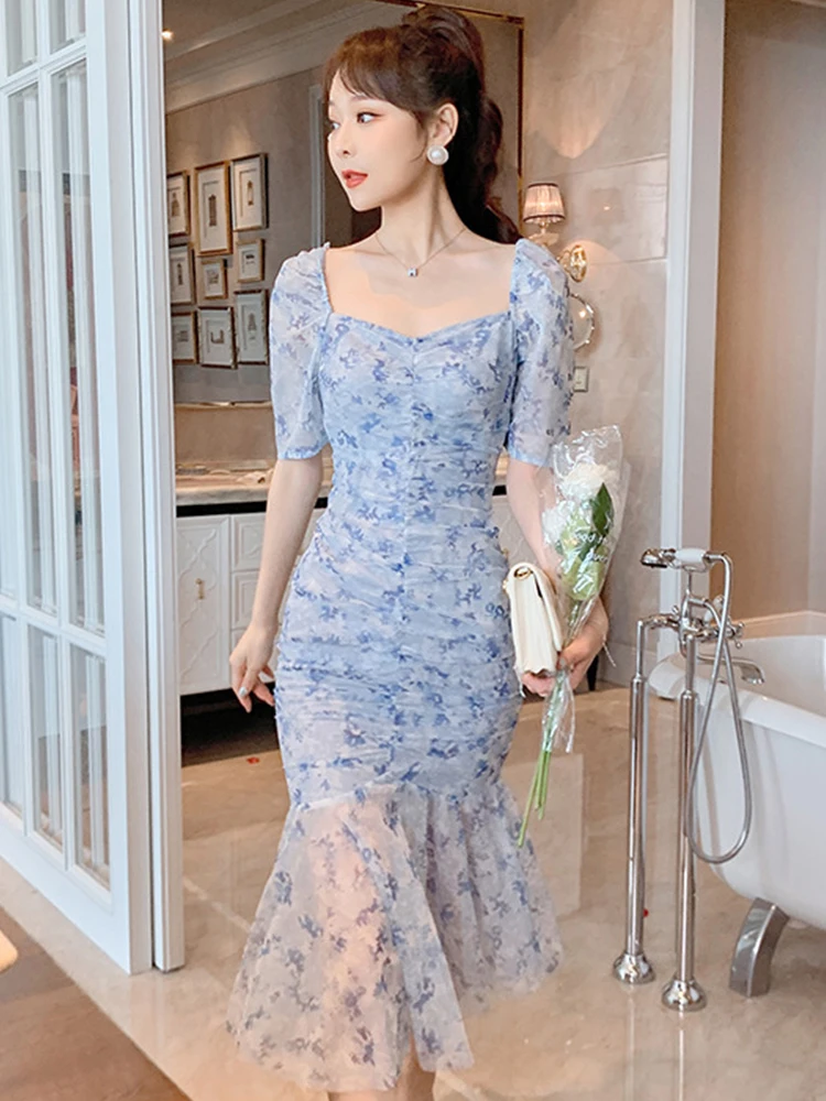 Maxi abito estivo da donna dolce delicato blu soffio manica corta Chiffon pieghettato aderente coda di pesce Femme Robe abiti da festa