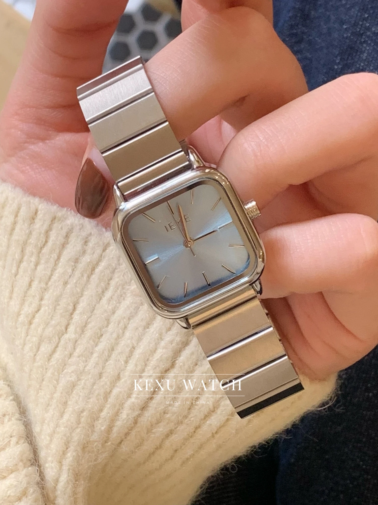 IEKE Watch, Elegant Blue/Purple/Silver/Green/Pink/Grey Dial Watch for Women, Dainty Square Face Silver Band Ladies Watch