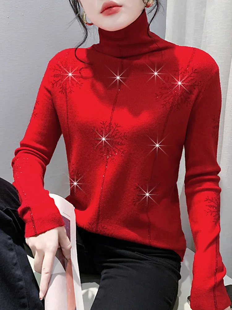 2025 Autumn Winter New Hot Stamping Snowflake Pile Collar Slim Fit Long Sleeved Knitted Base Shirt With Feminine Temperament And