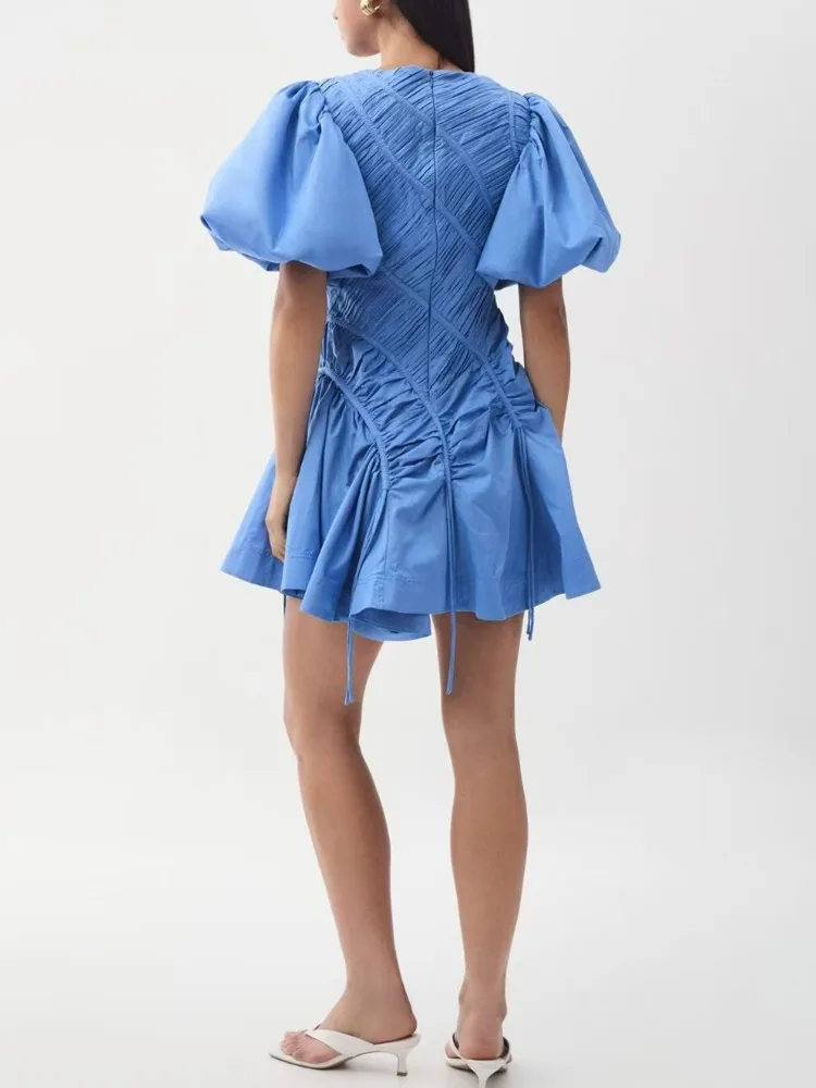 QMQA Fashion Women's Elegant Mini Dresses O Neck Puff Short Sleeve Asymmetric Drawstring Ruched Design Dress 2026 Summer QM1156