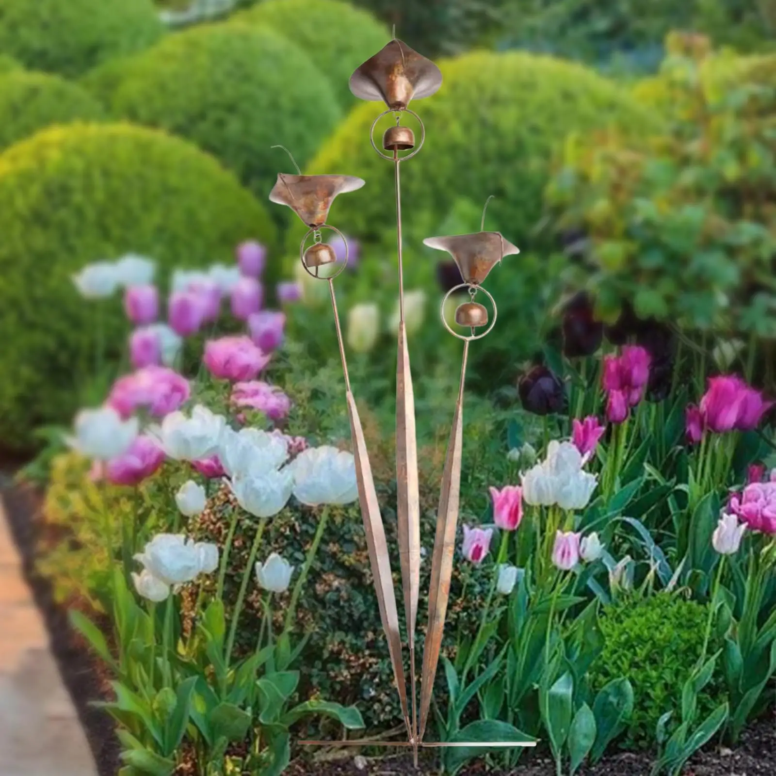 Garden Stake with Bells Iron Flower Decor Decorative Landscape Outdoor Lilies Flower Statue for Balcony Themed Party Outside