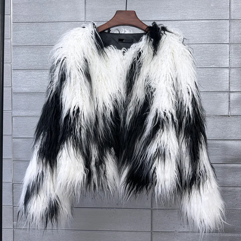 Women's Short Fur Coat White Artificial Fur coats Long Sleeve Mongolia Sheep Fur Jackets Round Neck Solid Colour Plush Jacket