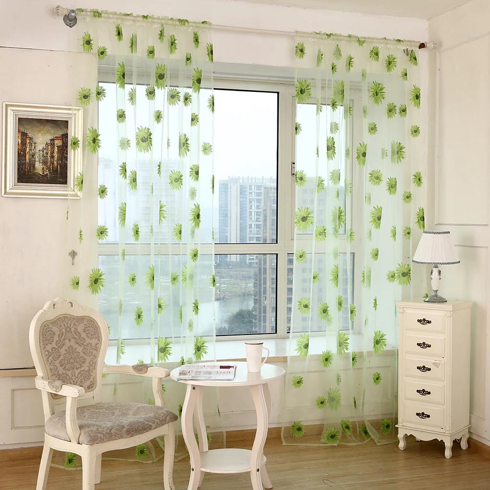 

Sunflower Pattern Transparent Tulle Window Sheer Curtains Rod Pocket Voile Screen For Bedroom Living Room 200X270Cm Khaki