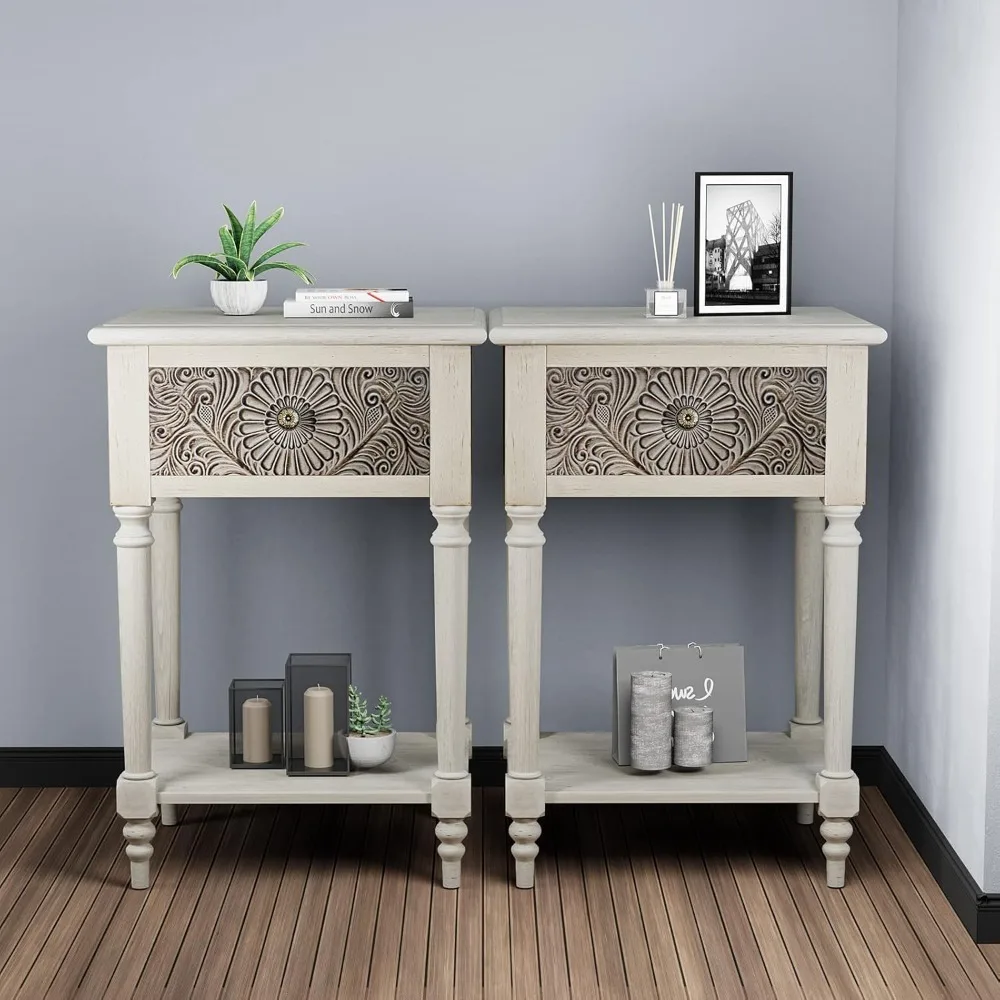 

pair of vintage-style nightstands with drawers and shelves, wooden grain accent tables for modern bedrooms