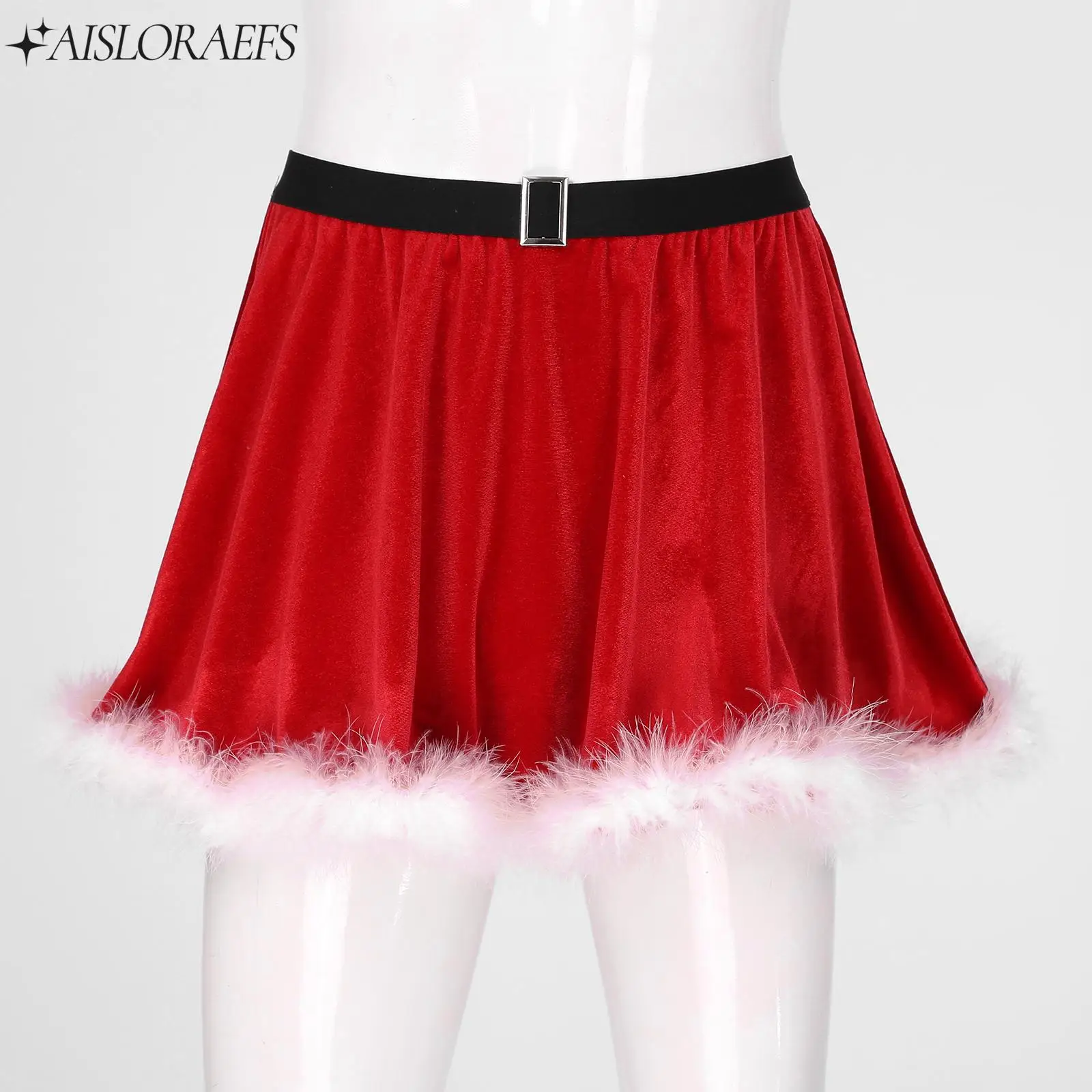 Men Christmas Cosplay Costume Feather Trimming Velvet Skirt Elastic Waistband Miniskirt Sissy Nightwear for Party Dating Bedtime