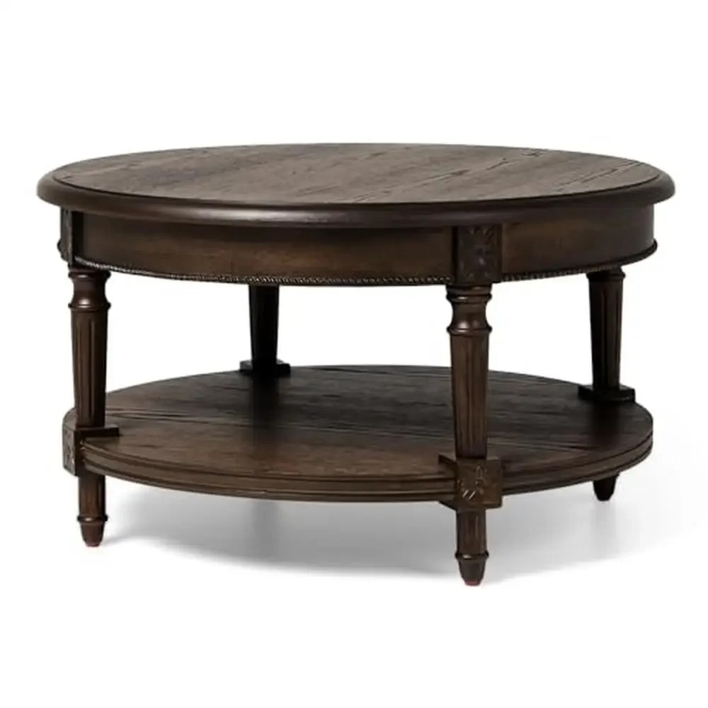 Large Curved 2 Tier Circle Wooden Coffee Table with Shelf Storage Traditional & Rustic Style Wood Furniture Hand-Carved Details