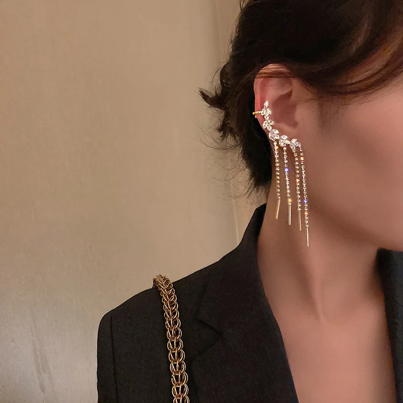 Fashion zircon leaf rhinestone fringed earrings, integrated, exquisite and high-end temperament elegant earrings
