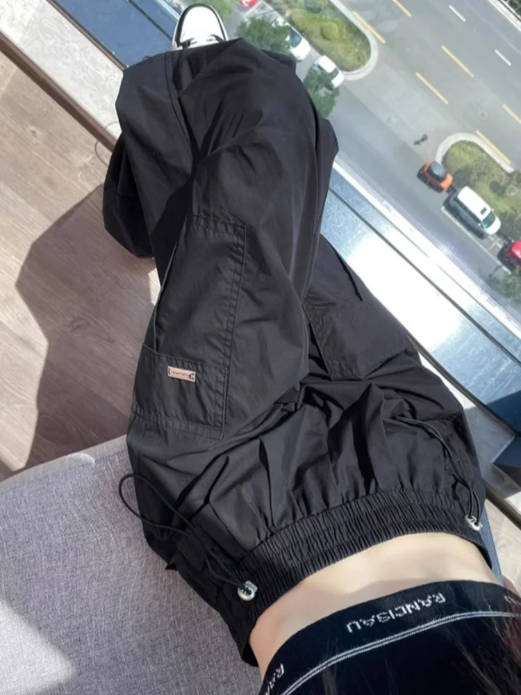 

Американские женские летние тонкие свободные широкие брюки с высокой талией и шнурком, быстросохнущие, спортивные, укороченные (7/8)