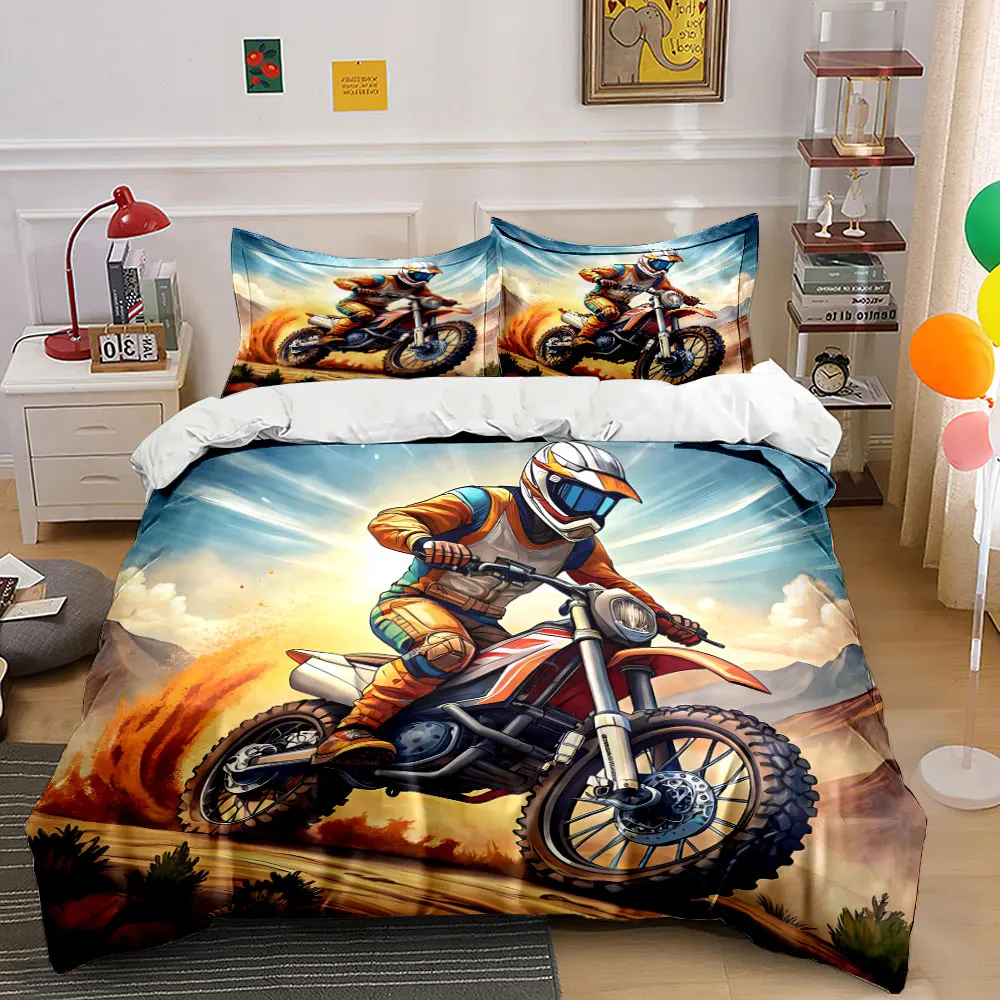 Off-road biker racing through mountains Print Bedding Set 1 Duvet Cover 2 Pillowcases for Adult and Children Luxury Gift