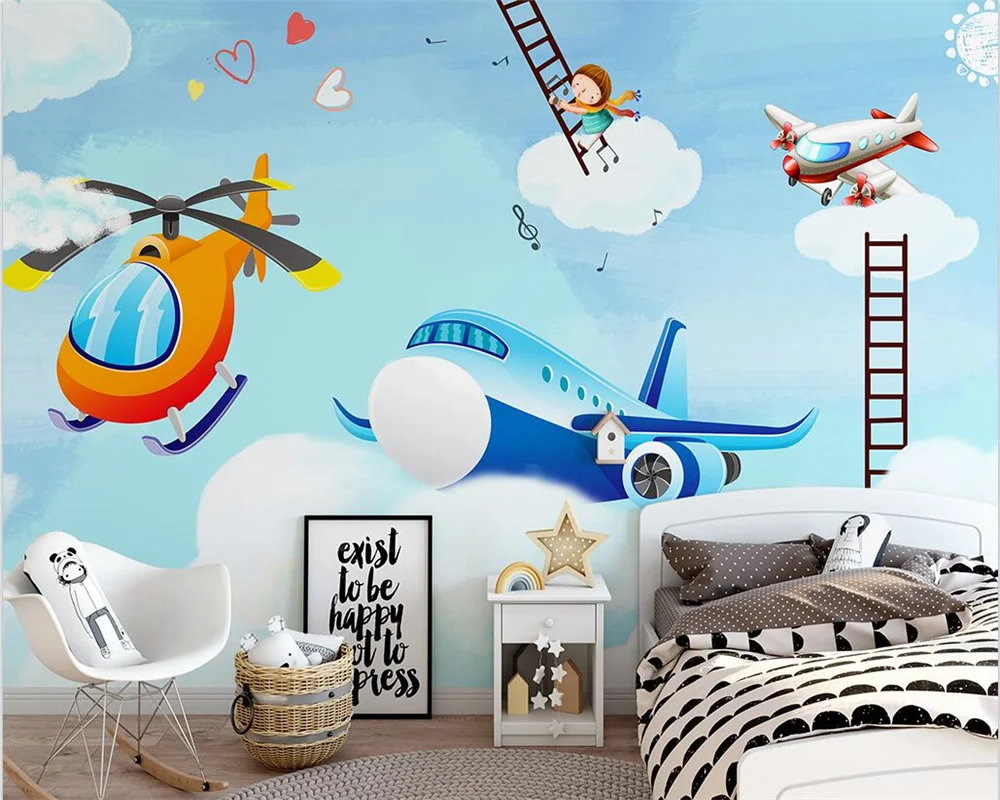 

Custom mural 3d modern minimalist cartoon airplane children's room background wall bedroom kindergarten decoration wallpapers