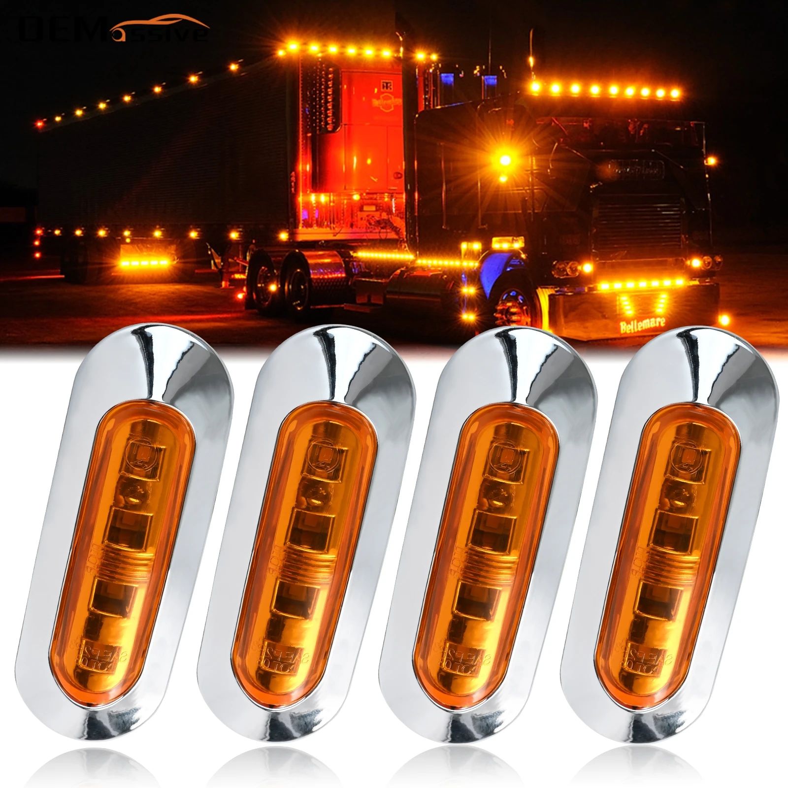 4x Amber 12V-24V 4 LED Side Marker Indicator Front Rear Tail Clearance Interior Light Chrome Bezel Car Bus Truck Lorry Trailer