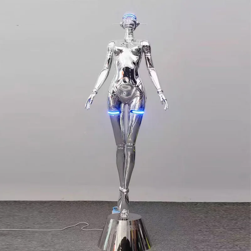 

unique Future Technology Modern Metal Crafts Rotating LED Light Robot Women Fiberglass Resin Sculptures for Indoor Outdoor Deco