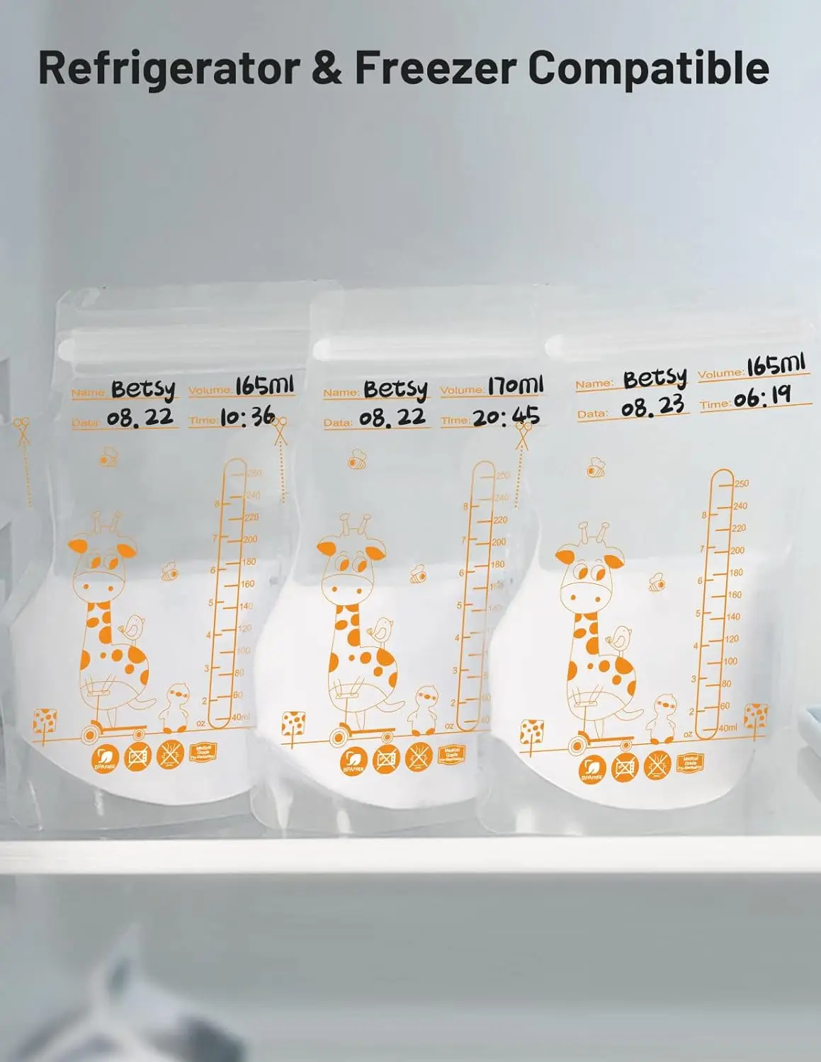 250ml  100pcs Breastmilk Storage Bag Self Standing Baby Food Storage Containers No Leak Milk Freezer Bags Safe Feed BPA Free