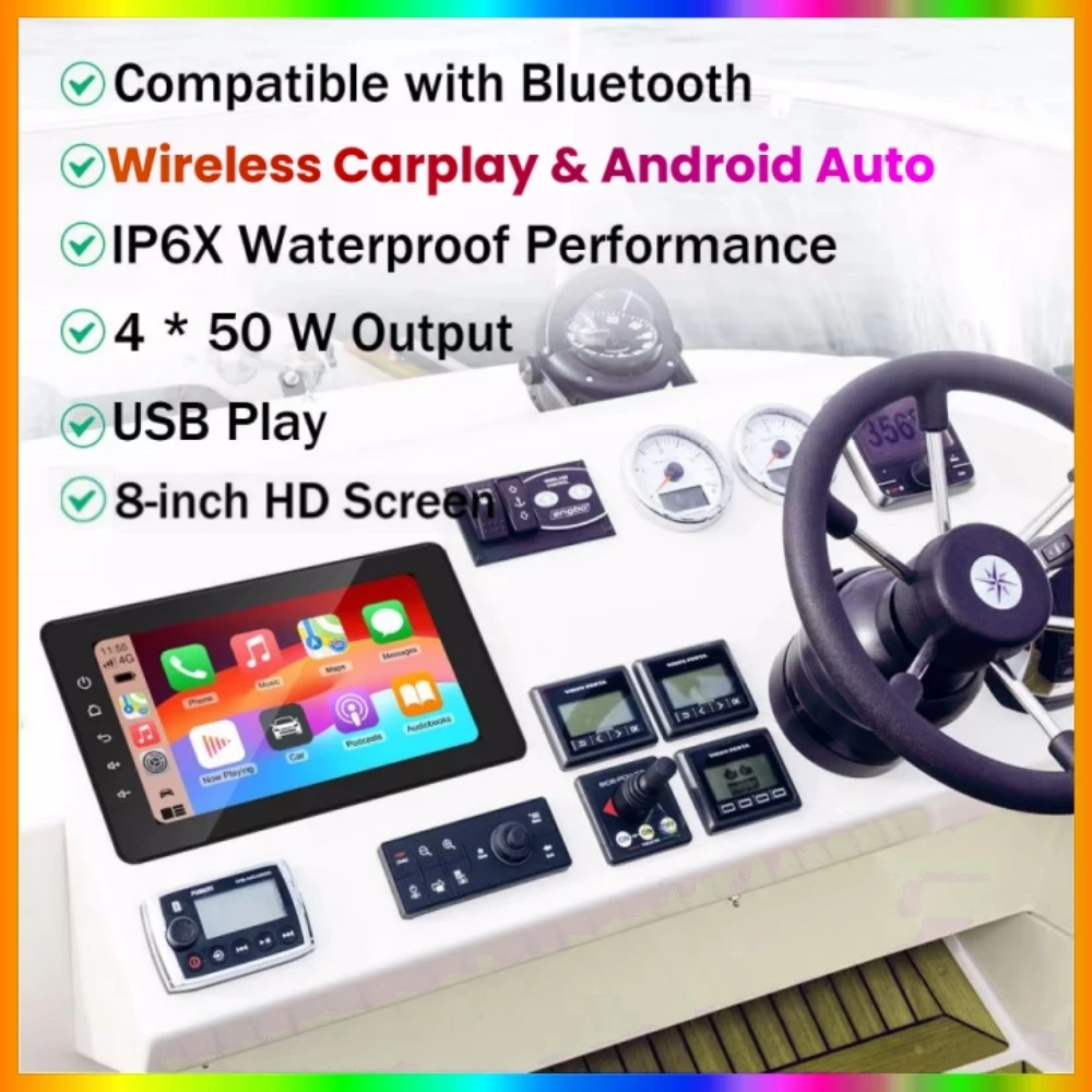 8 Inch Marine Multimedia Player IPX6 Waterproof Boat Media MP3 Player with Wireless CarPlay/ Android Auto For ATV Car Boat Moto