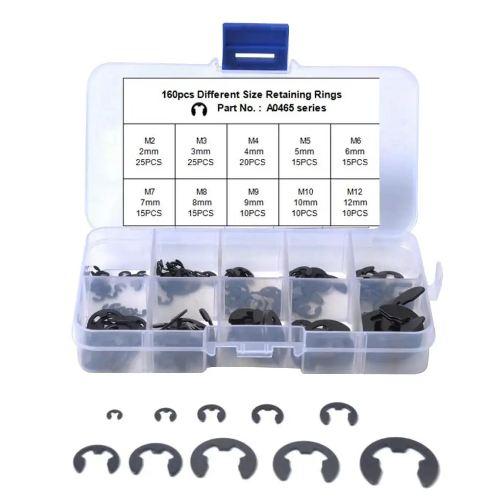 160Pcs E-Clip Snap Rings 2-12mm Car Clip Seegering Assortment Kit Truck Car E-Clip Retaining Ring Snap Spring Clips With Box