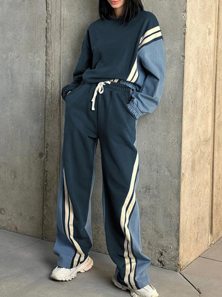 DEAT Fashion Women 2 Pcs Set Round Neck Pullovers High Waist Drawstring Contrast Color Striped Pant Suit Autumn 2024 New 7AB6004