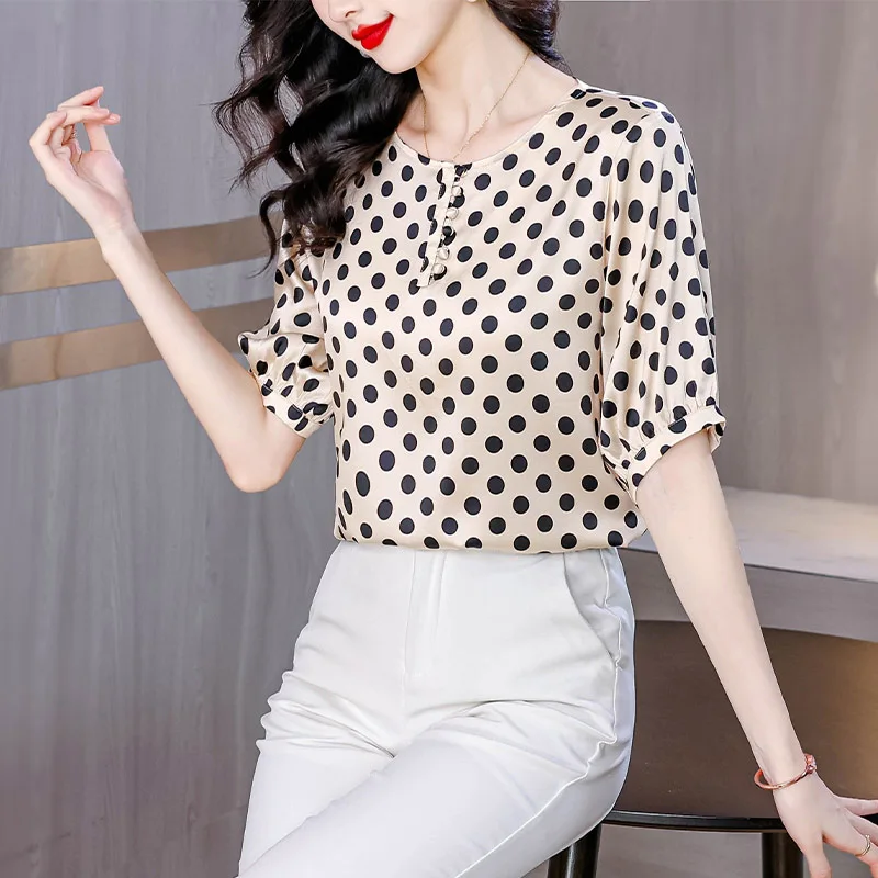 Women Clothing Fashion Polka Dot Print Chiffon Blouses Summer Elegant Chic O-neck Short Sleeve Shirts Loose Pullovers M-3XL