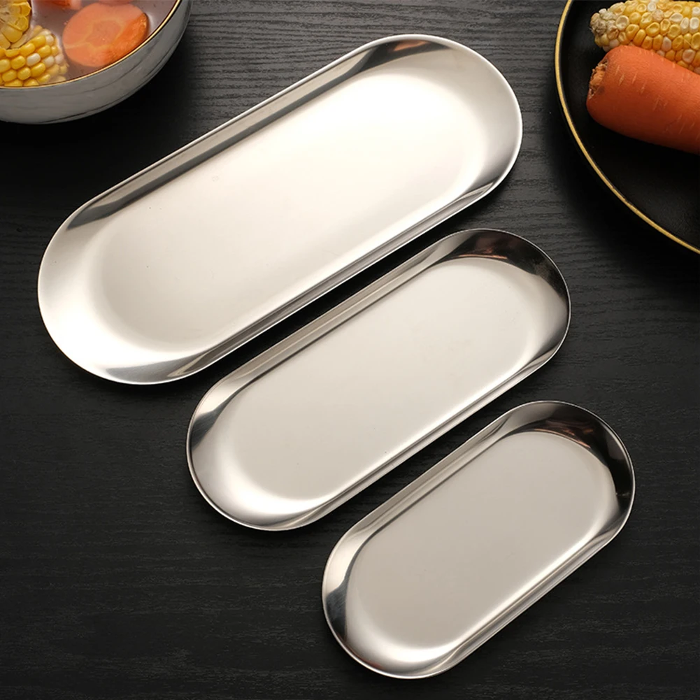Stainless Steel Oval Tray For Displaying And Organizing For Tea Items Fruit Snacks Cosmetics Supplies Jewelry On Home Surfaces