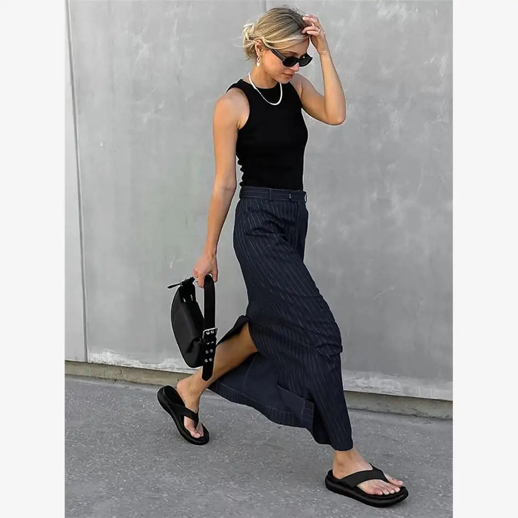 Cintura alta listrado split corte reto midi saia fadable fino ajuste saias femininas primavera 2024 coleção ele saia longa