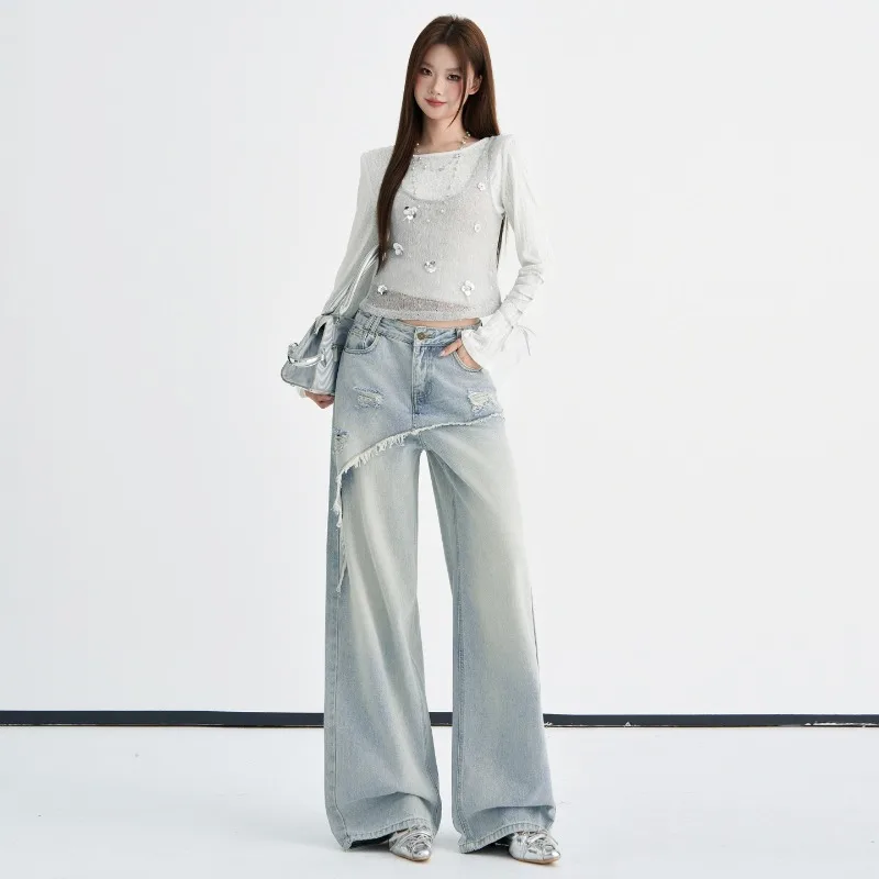 Women Light Blue Fake Two‑Piece Ripped Frayed Jeans 2026 Early Autumn Korean Hot Girl Stylish Wide Leg Casual Baggy Denim Pants