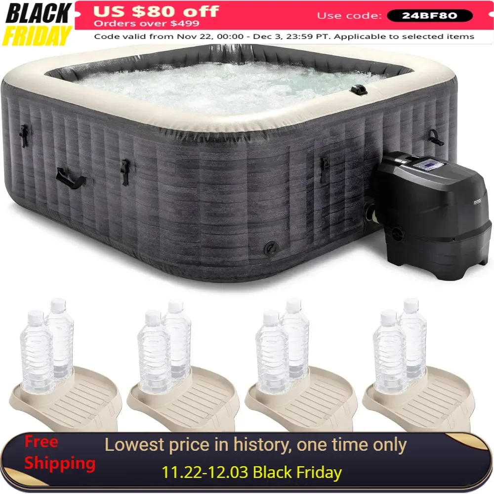 94 X 28 Inch Outdoor Hot Tub with Attachable Cup Holder and Set of 4 Refreshment Tray Accessory, Inflatable Square Hot Tub Spa