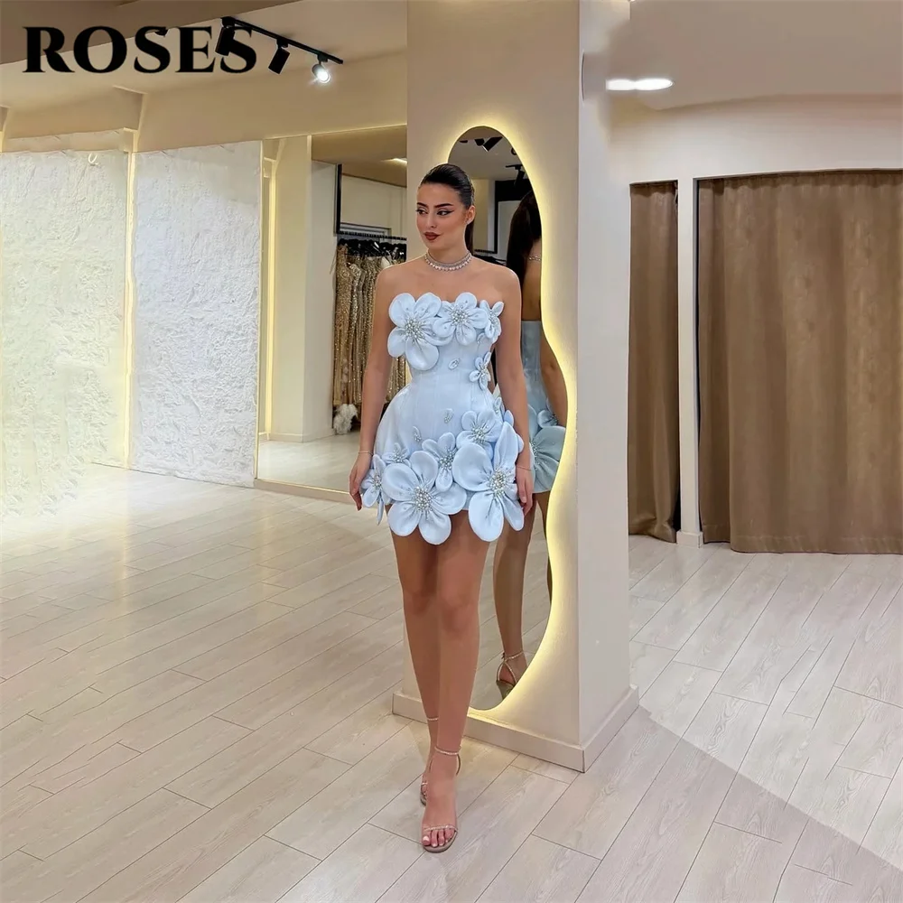 ROSES Blue Evening Gown Strapless Prom Dress Sleeveless Wedding Evening Dress with Flowers and Pearls robes de soirée Customized image 5