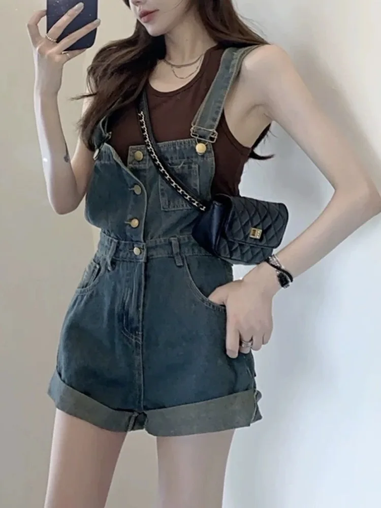 

Rompers Women Contrasting Japanese Embroidered Yellows Student Reducing Denim Preppy Chic Summer College Comfy Drape Garment