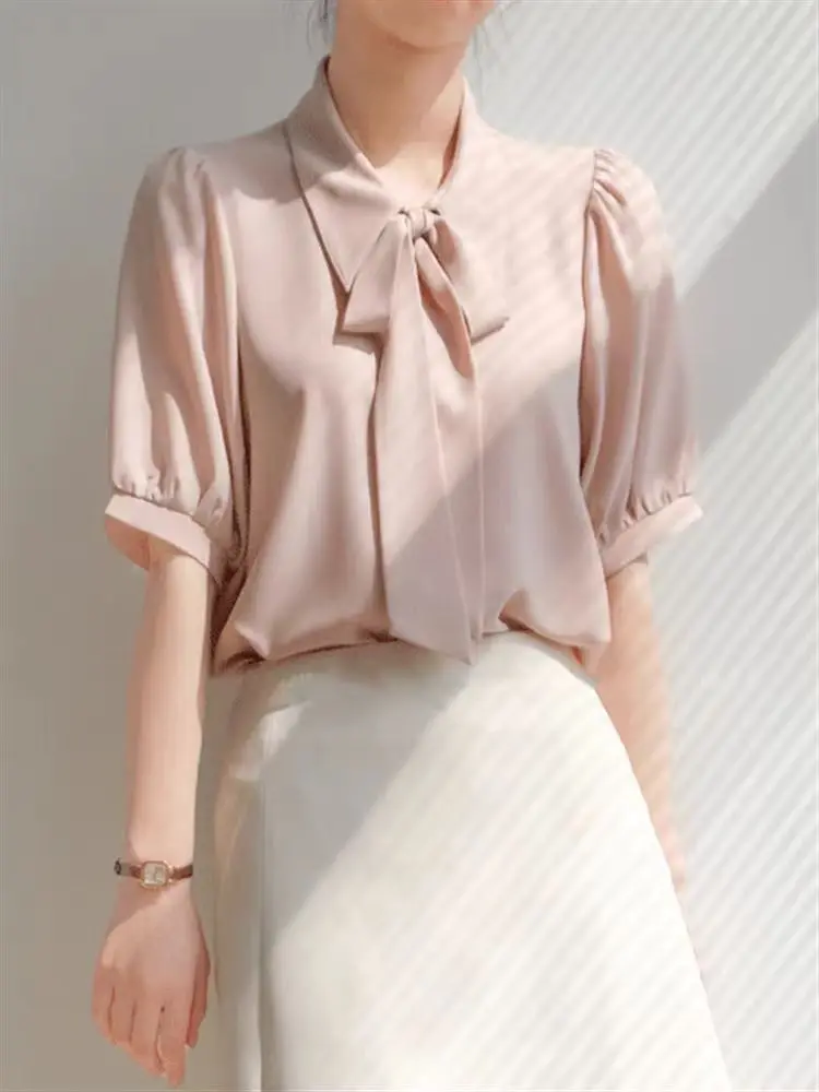 Summer New Blouses For Lady Vintage Elegant Women Work Wear Casual Short Sleeve Shirts Chiffon Solid Tops 2024 New Clothes