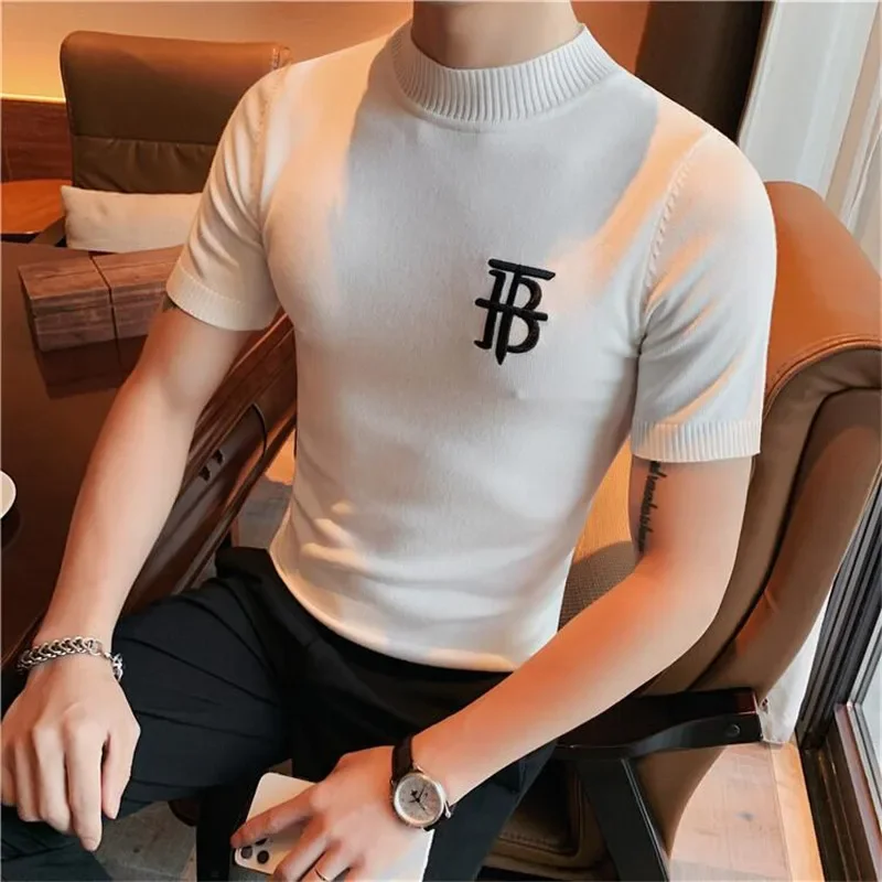 Luxury Men Summer Knitted T-shirt  High Quality Slim Fit O-neck Tops Jacquard Tees Brand Clothing Social Club Pullovers T-Shirt