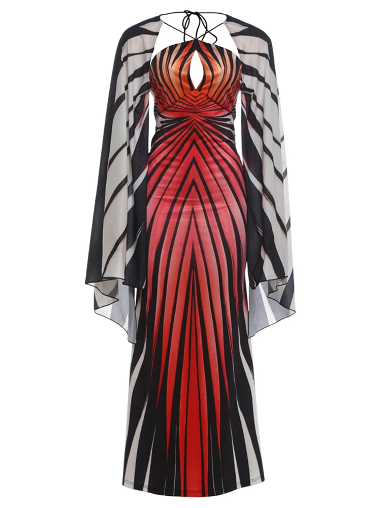 Weird Puss Buntes gestreiftes langes Kleid für Damen, mit Schnürung, Neckholder, rückenfrei, Fledermausärmel, Mitternachts-Abendkleid, Partykleid, gerafft, elegantes Vestido – Detail 2