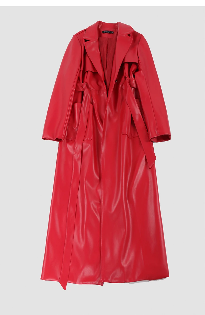 Nerazzurri Spring Autumn Long Red Soft Pu Leather Trench Coat for Women Pockets Sashes Luxury Elegant Chic Stylish Overcoat 2023