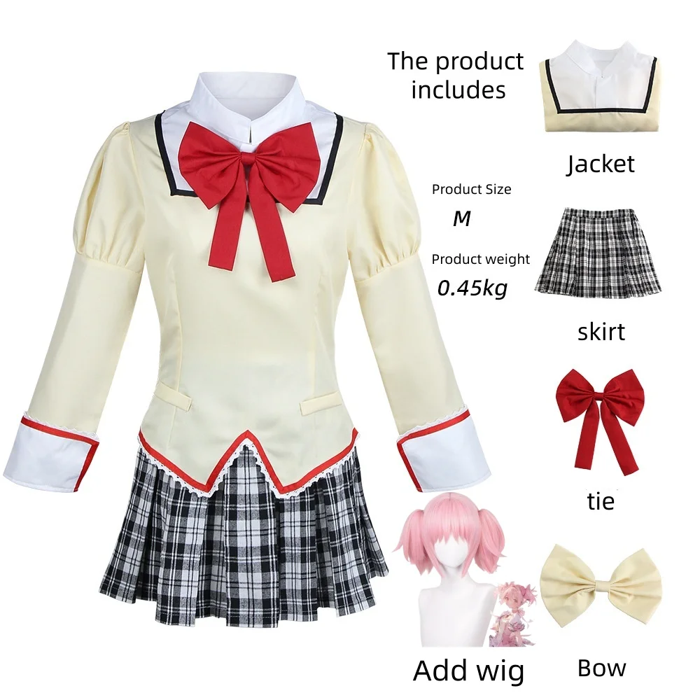 Conjunto de cosplay de colegiala linda para mujer, blusa de manga larga con falda plisada a cuadros, lazo y corsé para juegos de rol y uso diario