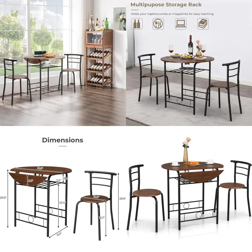 

Compact 3-Piece Dining Set with Drop Leaf for Small Spaces - Black & Brown