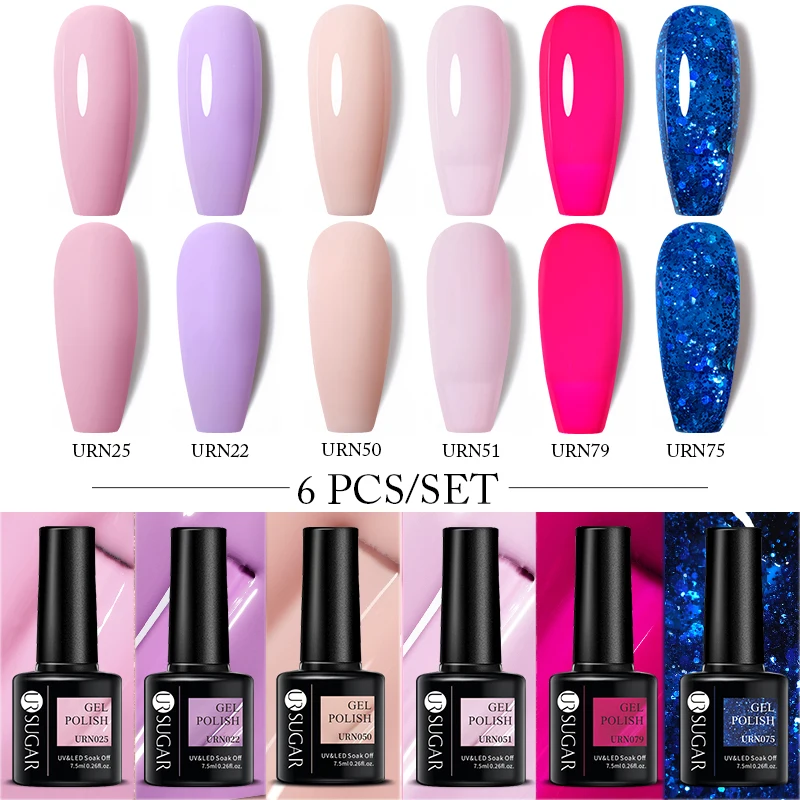 UR SUGAR 6 pezzi set di smalti gel per unghie glitter 7,5 ml colori popolari estate semi permanente Soak Off gel UV manicure kit di forniture per unghie
