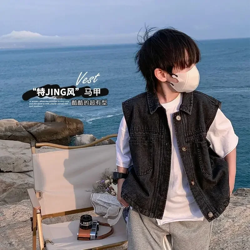 

2026 New Spring Autumn Boys Vest Fashion Sleeveless Denim Jacket Top for Children Trendy Kids Clothing