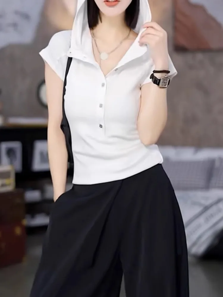 

Простая летняя футболка-пуловер с капюшоном, универсальная, короткий рукав, модный корейский стиль, рабочая одежда