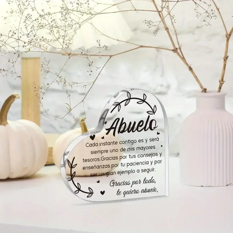 Heart Shaped Acrylic Plaque Spanish Quote Gift for Abuelo Grandpa Desk Decor,Leaf Wreath Heart Acrylic Sign Sentimental Gift for Grandpa Abuelo