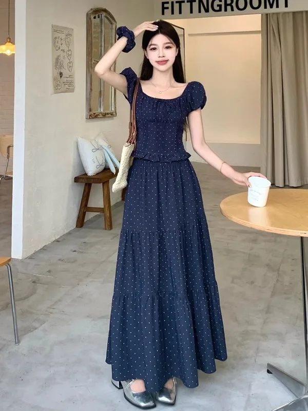 

plus Size Fashionable Summer Outfit Square Collar Bubble Sleeve Polka Dot Shirt Mid-Length A-Line Skirt Two-Piece Set