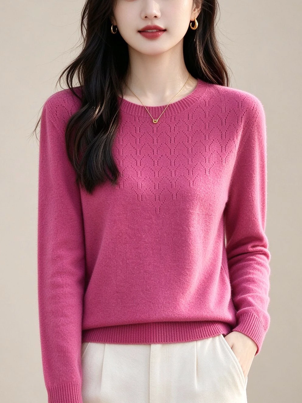 Seamless One-Piece Knitted Long Sleeve Women's Basic Style Warm Hook Flower Base Shirt New Arrival Sweater Simple Fashion