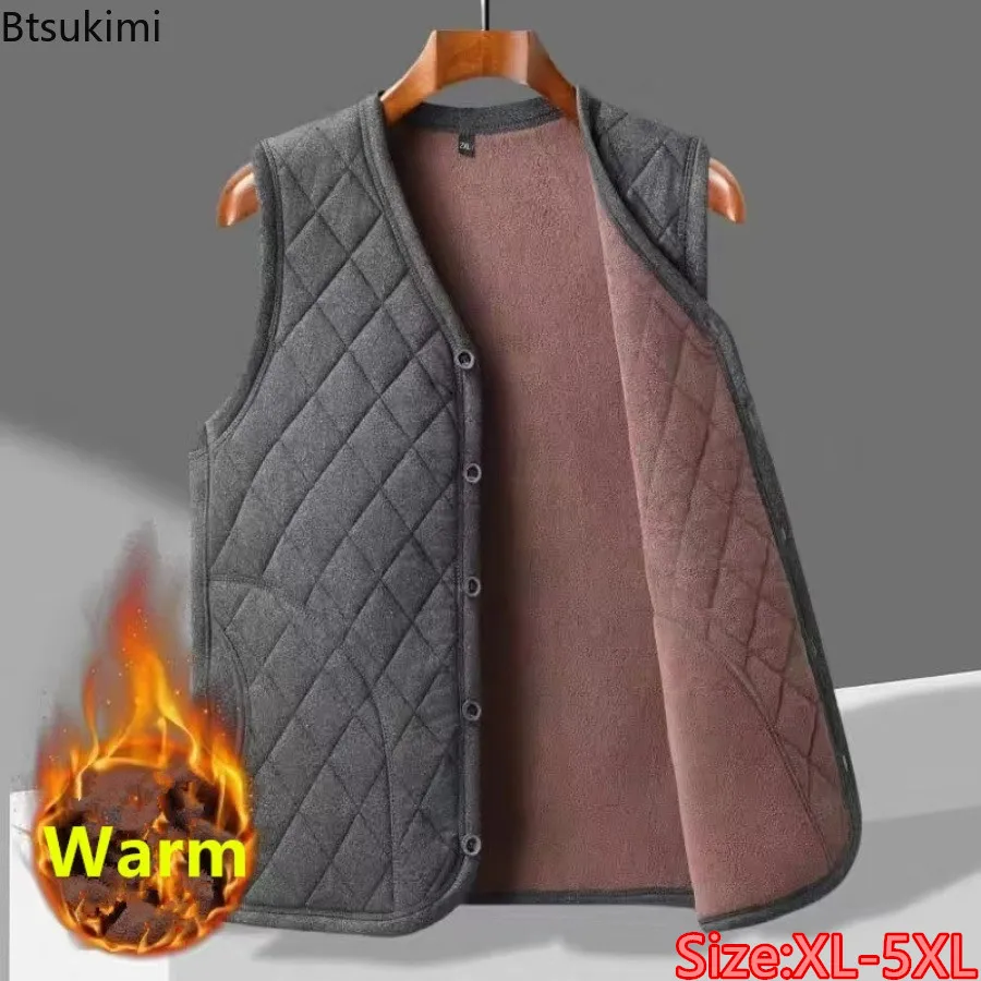 

2024 New Men's Plush Thicken Warm Vest Autumn Winter V Neck Single Breasted Inner Wear Vest Male Casual All-match Waistcoat Male